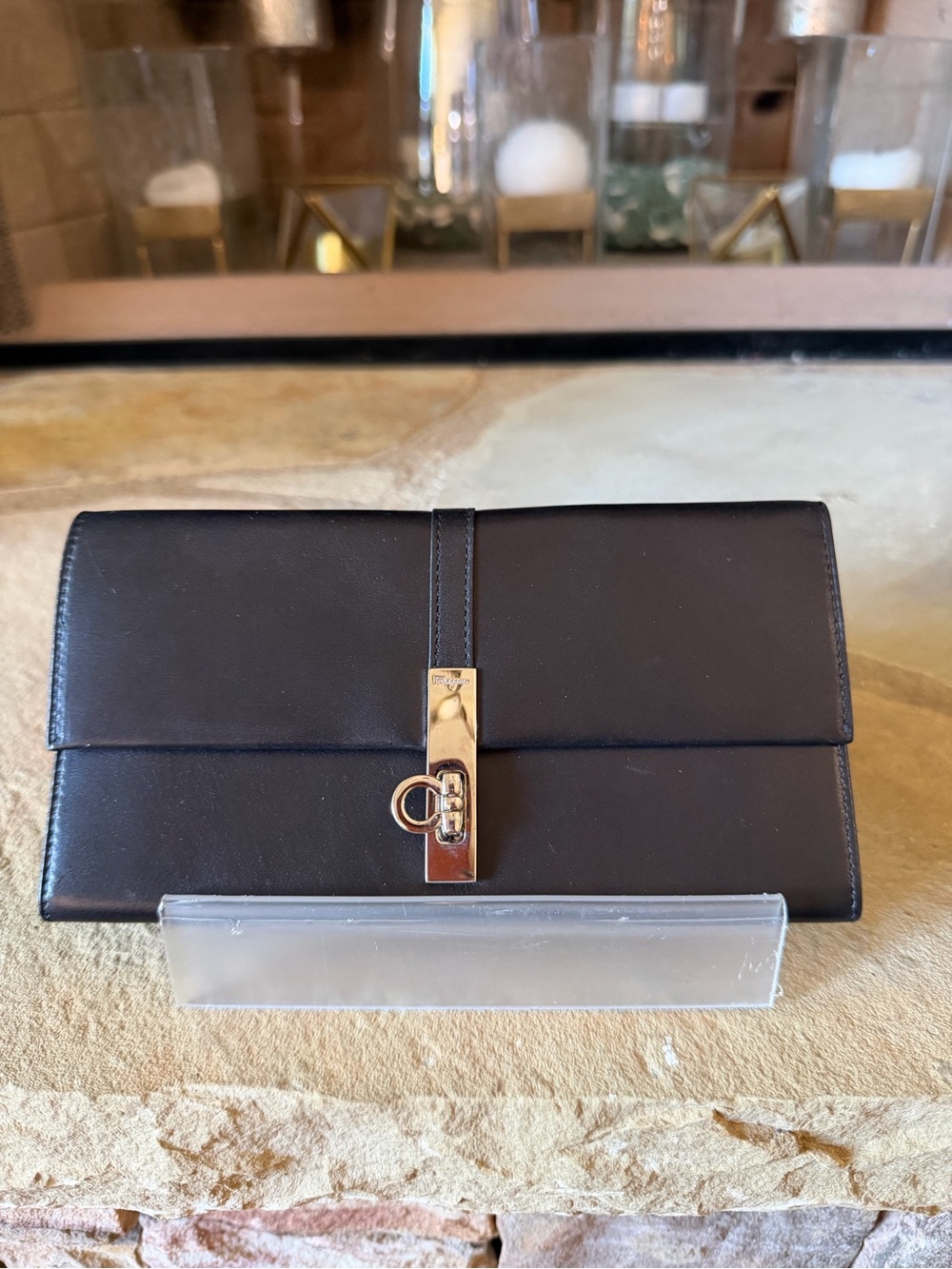 Salvatore Ferragamo Black Leather Men's Clutch Wallet with Gold Hardware